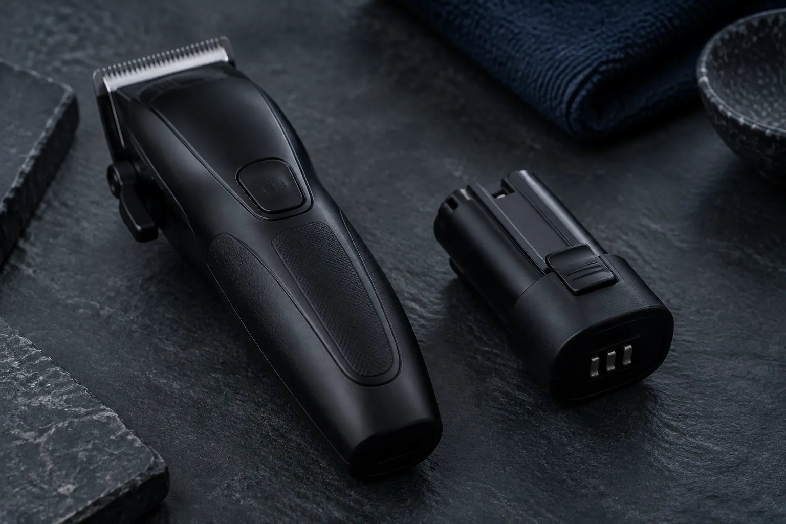 Best Professional Cordless Clippers of 2026 3 Cordless clipper next to a removable battery pack on dark slate