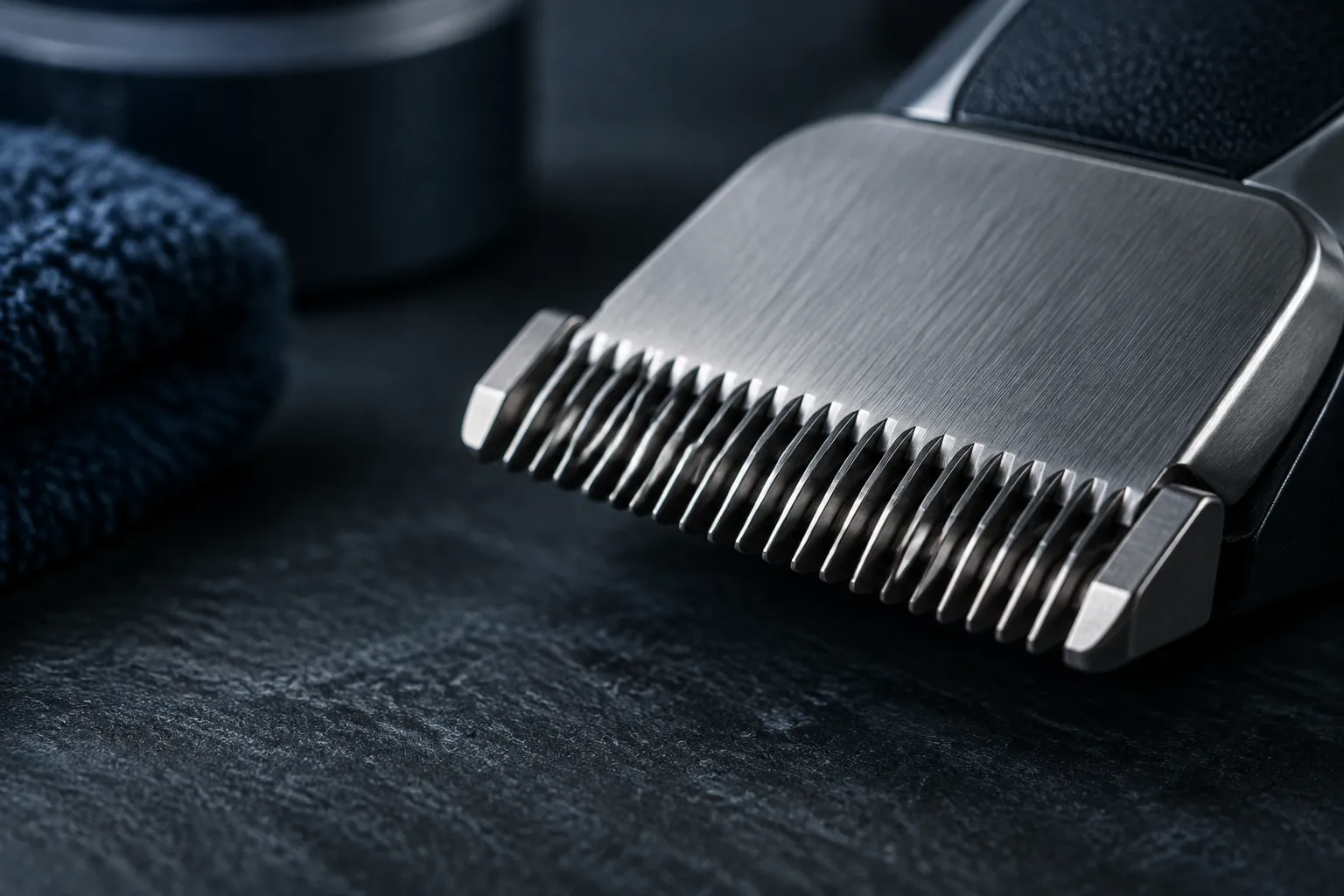 Best Professional Cordless Clippers of 2026 2 Close-up of a clipper blade with staggered teeth on dark slate
