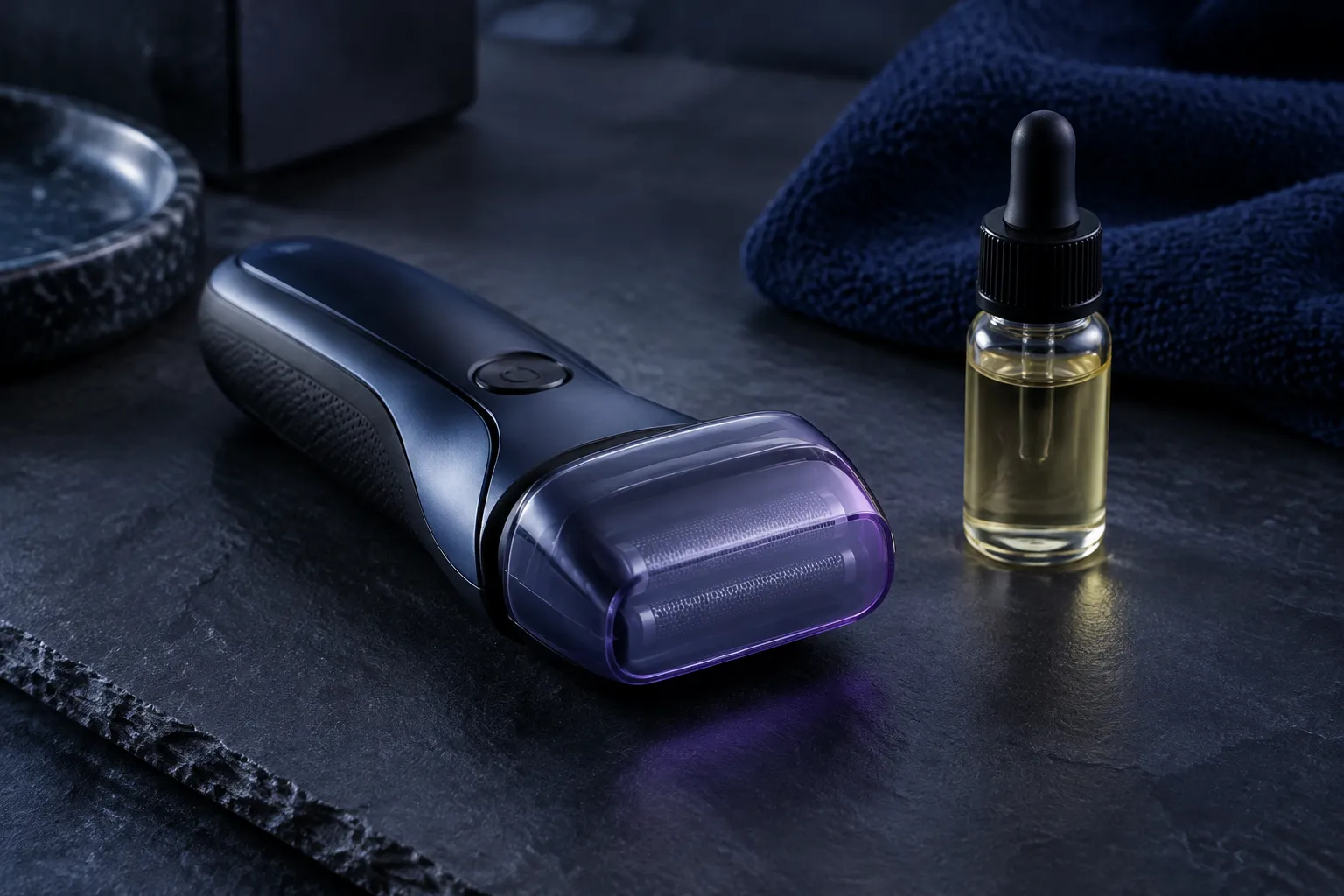 Foil shaver with a violet-lit lid and shaver oil on dark slate
