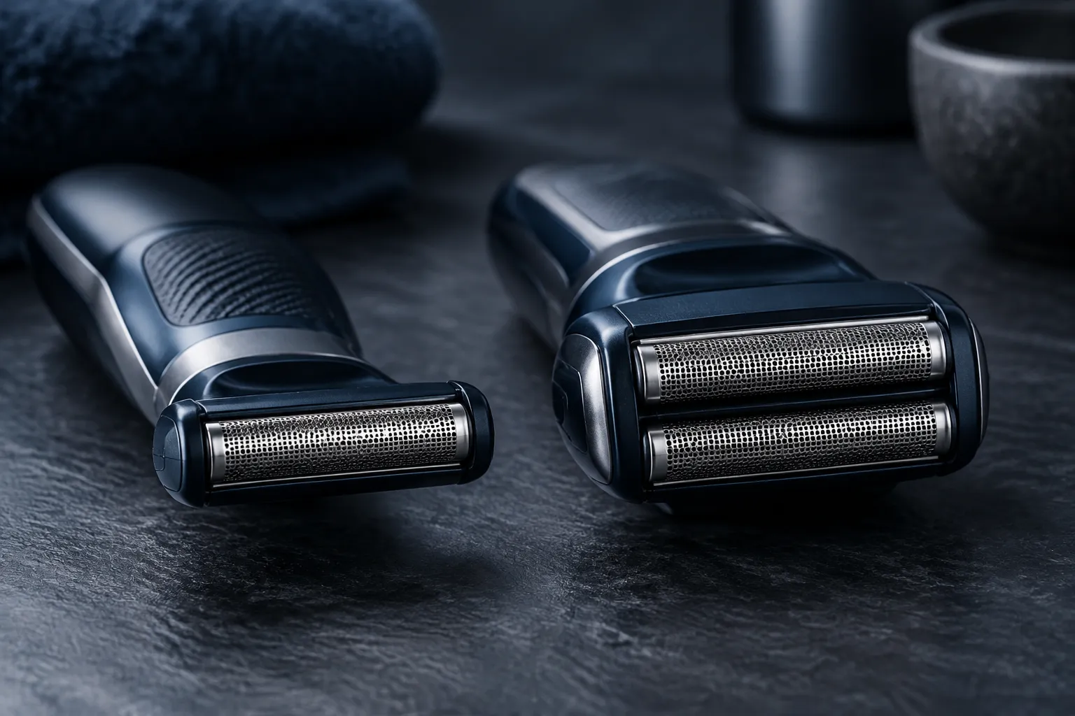 Single foil and double foil shaver heads side by side on dark slate