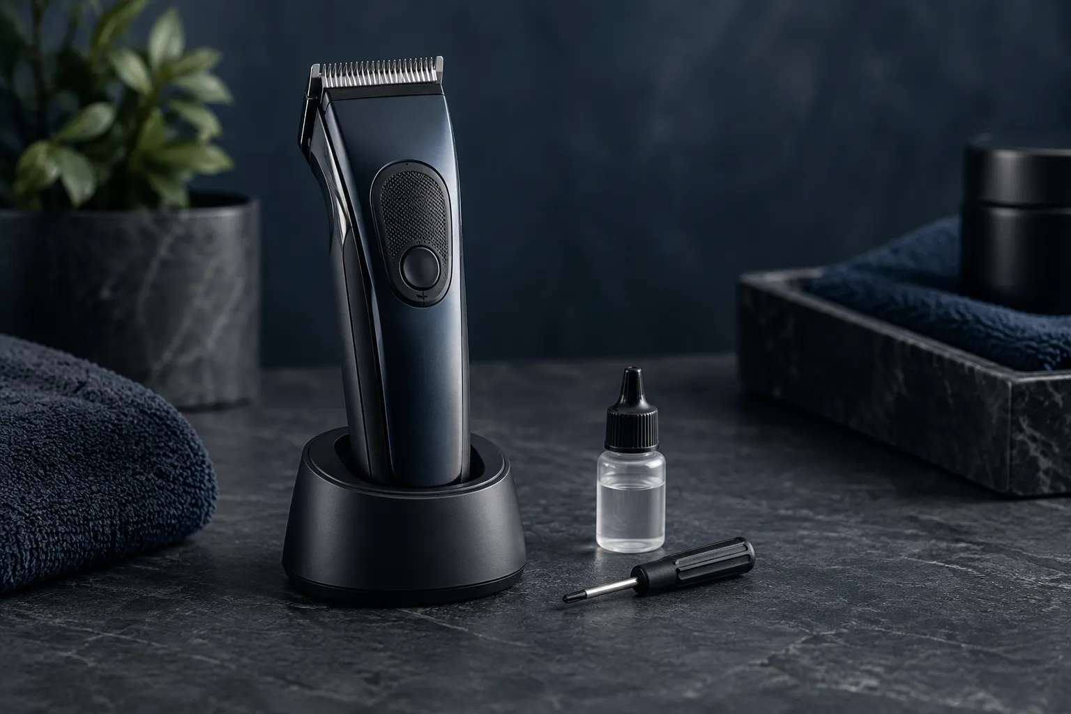 TPOB Play vs Play Max vs Play Mini: Which One to Buy in 2026 3 Cordless clipper on a charging dock with oil and a screwdriver on dark slate