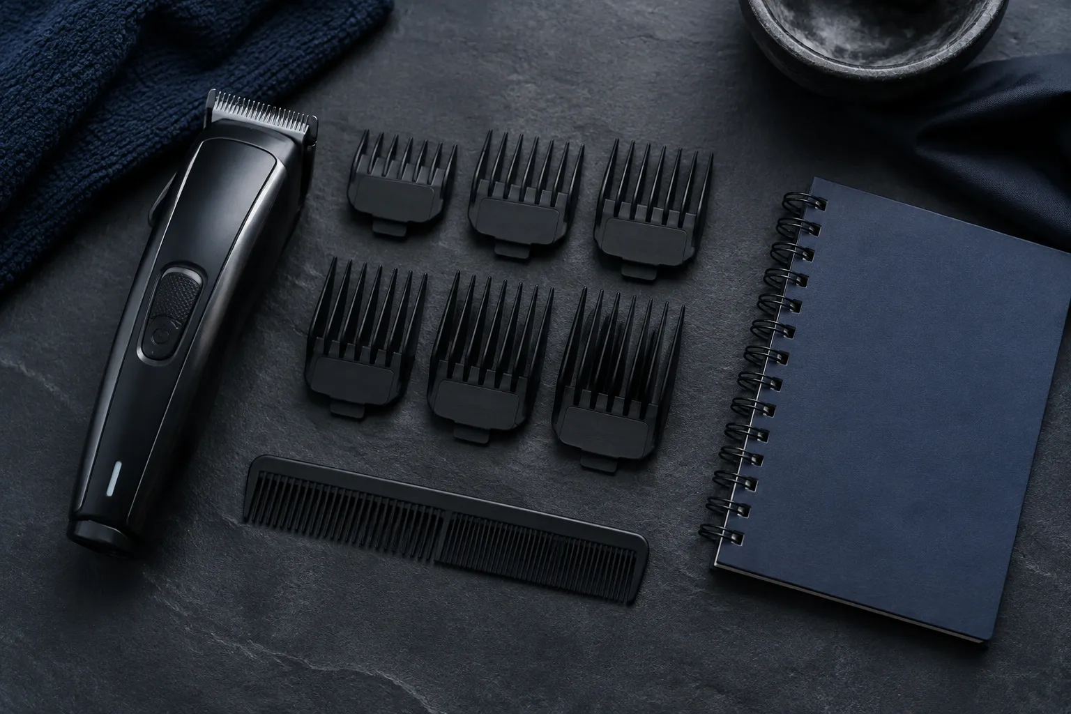 Best Clippers for Barber School and New Barbers (2026) 2 Clipper, guide combs and cutting comb laid out for a barber student on dark slate