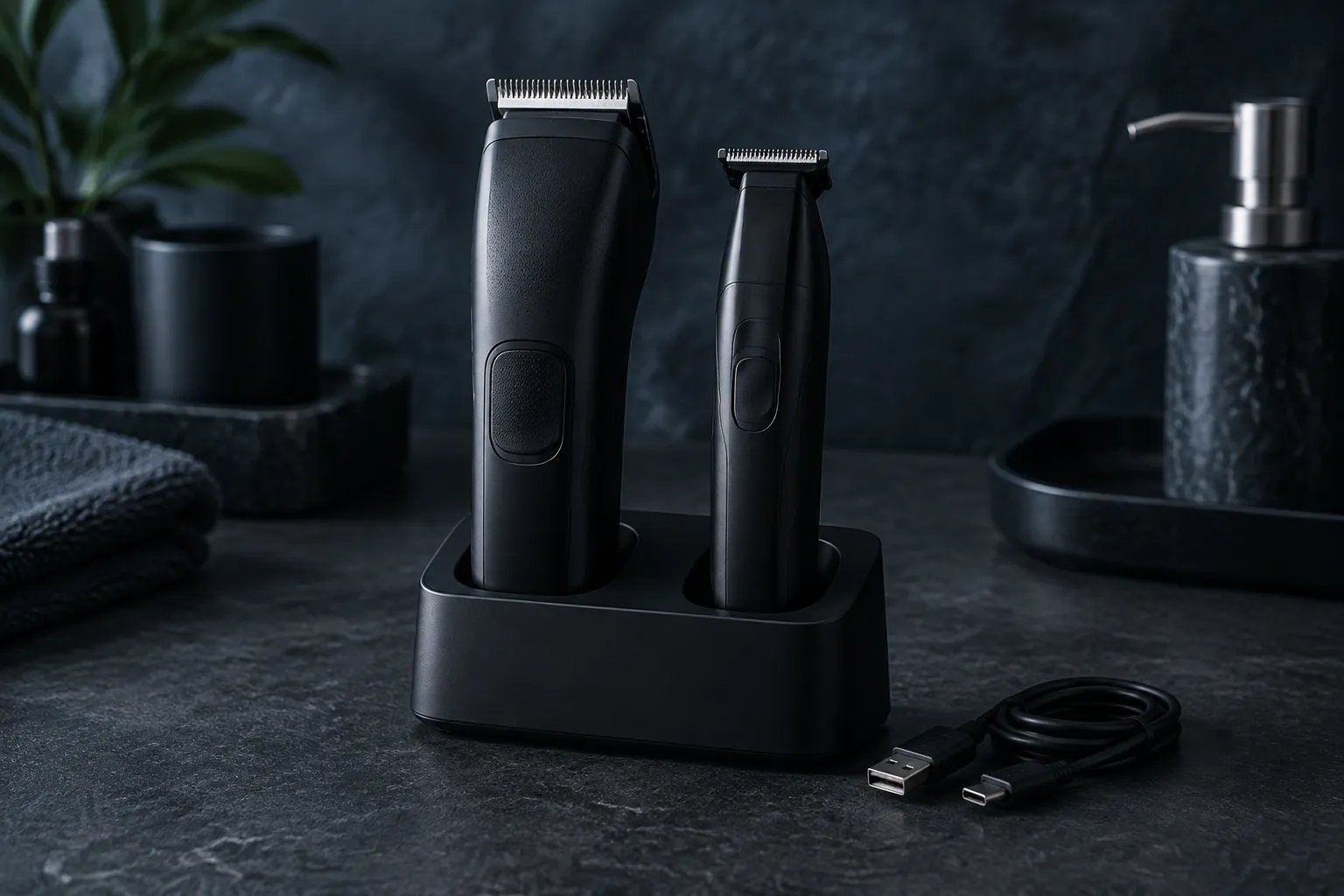 Best Clippers for Barber School and New Barbers (2026) 3 Clipper and trimmer resting on a charging stand on dark slate