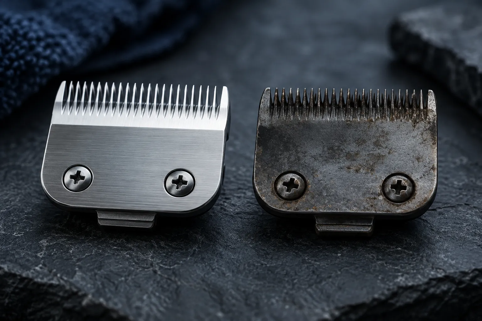 Two clipper blades side by side, one sharp and one worn, on dark slate