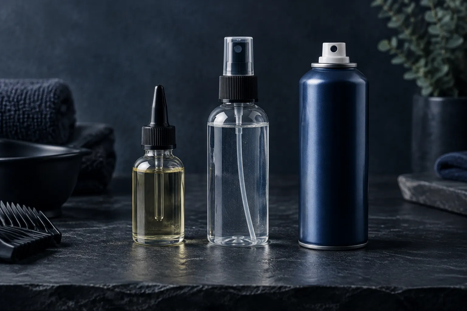 Unlabeled clipper oil, disinfectant spray and coolant spray on dark slate