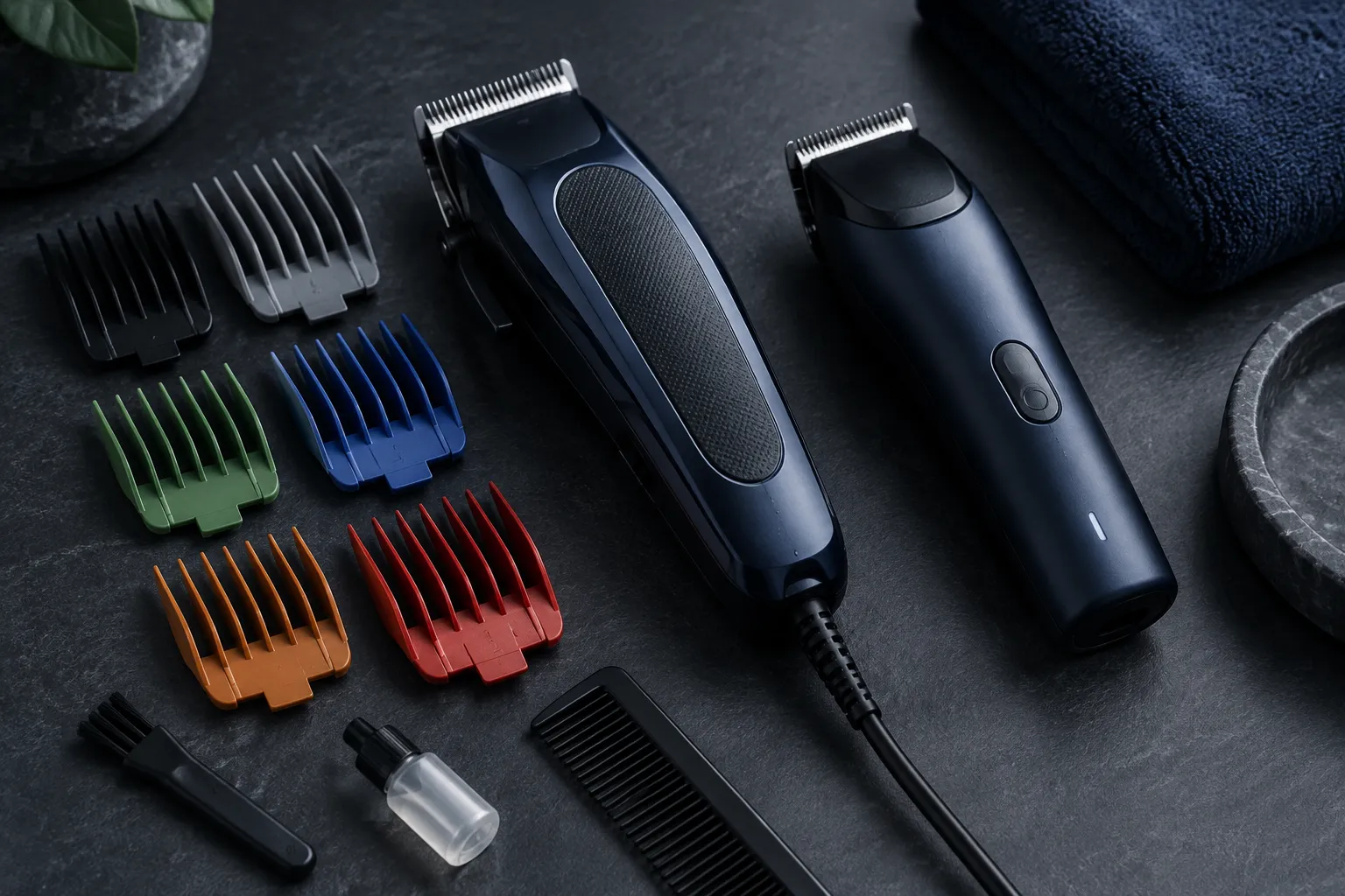 Corded clipper kit and cordless clipper side by side on dark slate