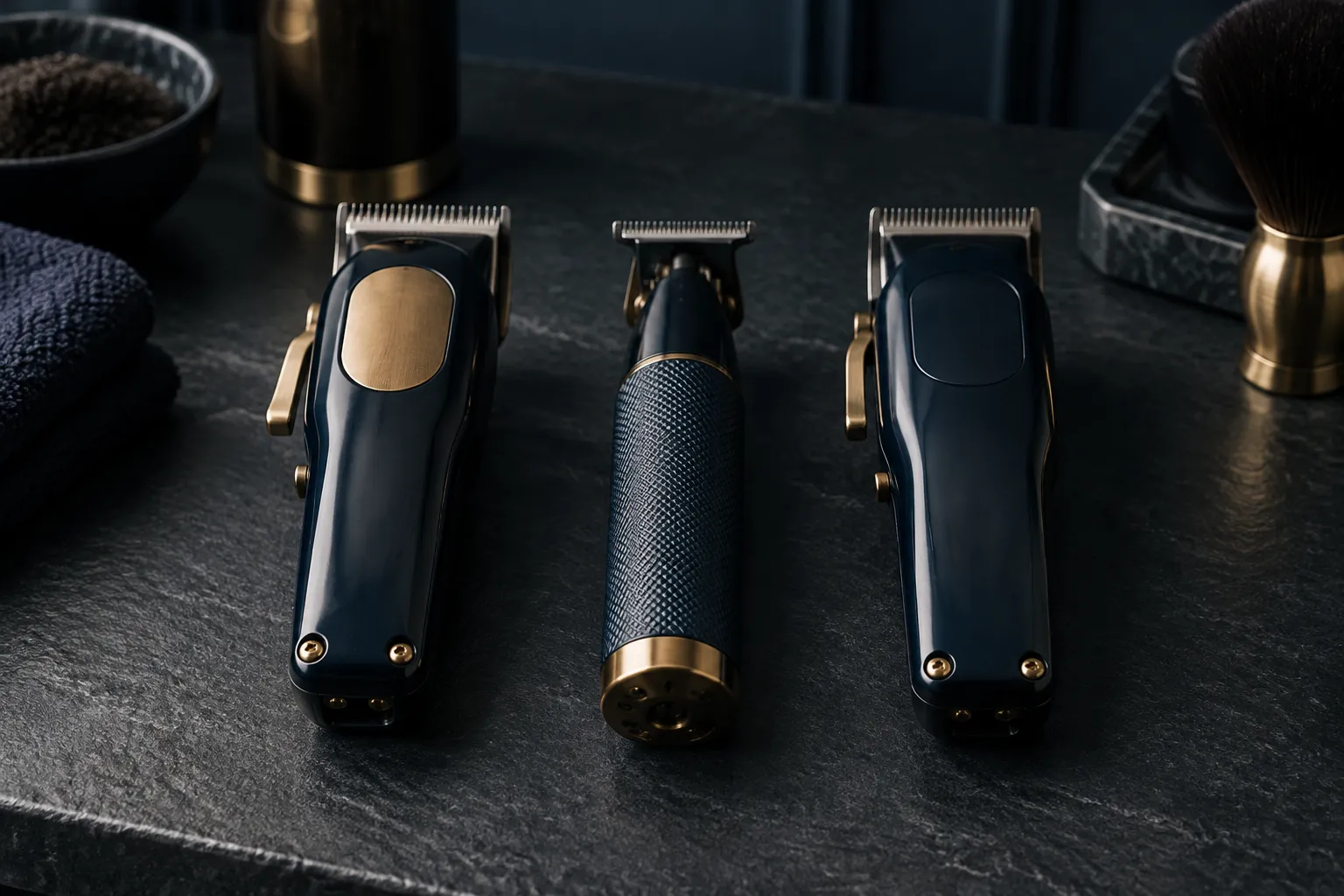 Three professional clippers lined up on dark slate