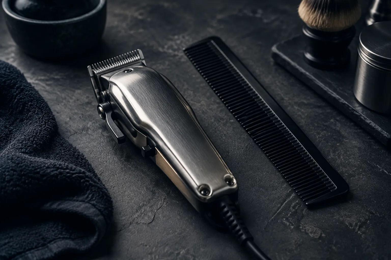 Classic corded professional clipper beside a comb on dark slate