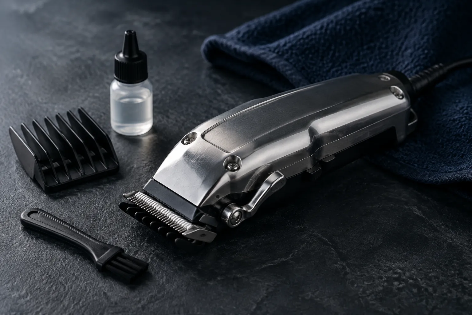 Corded clipper with blade guard, oil bottle and brush on dark slate