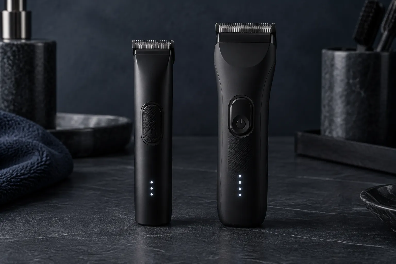 Slim and wider cordless clippers side by side on dark slate
