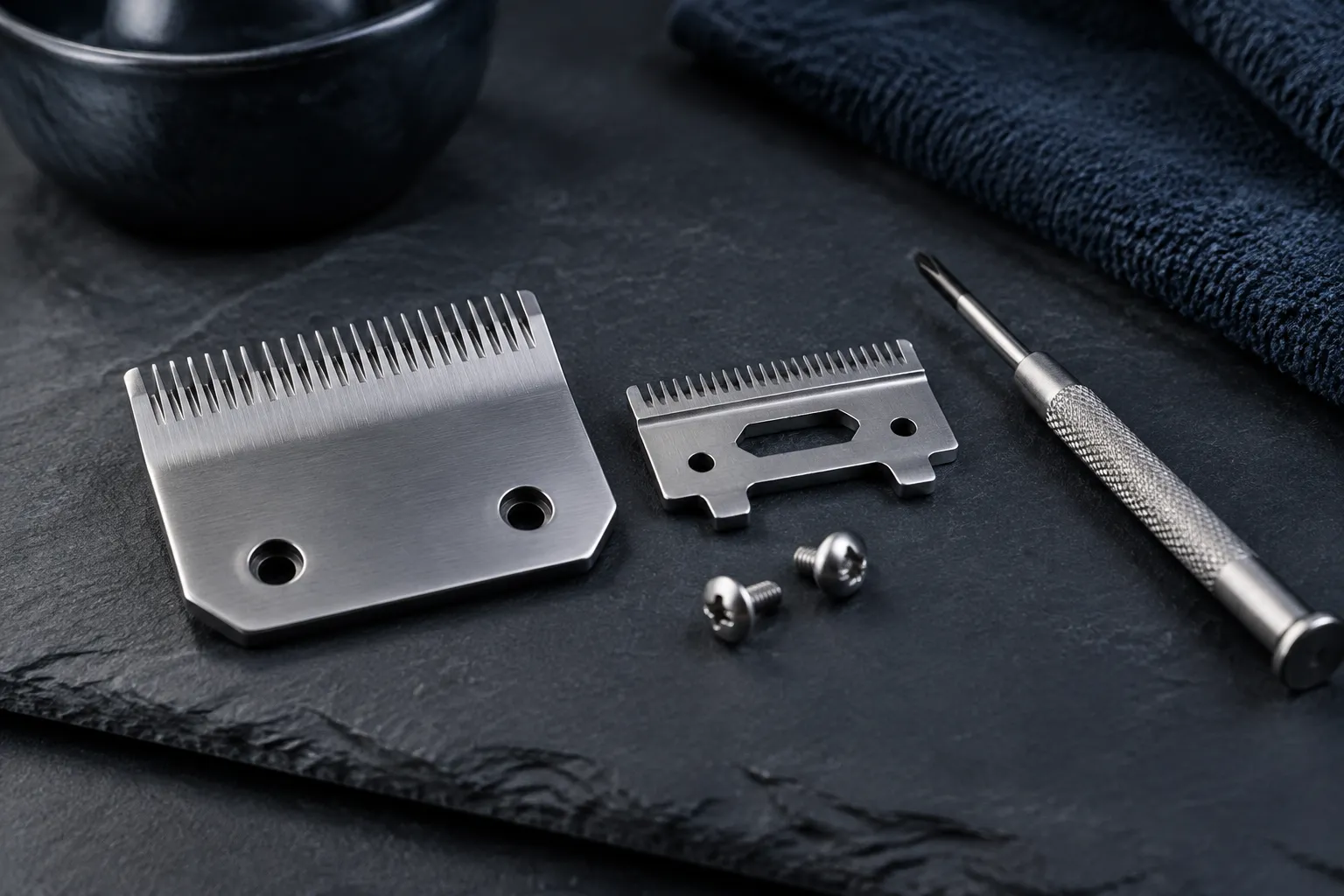 Clipper blade, small screwdriver and screws on dark slate
