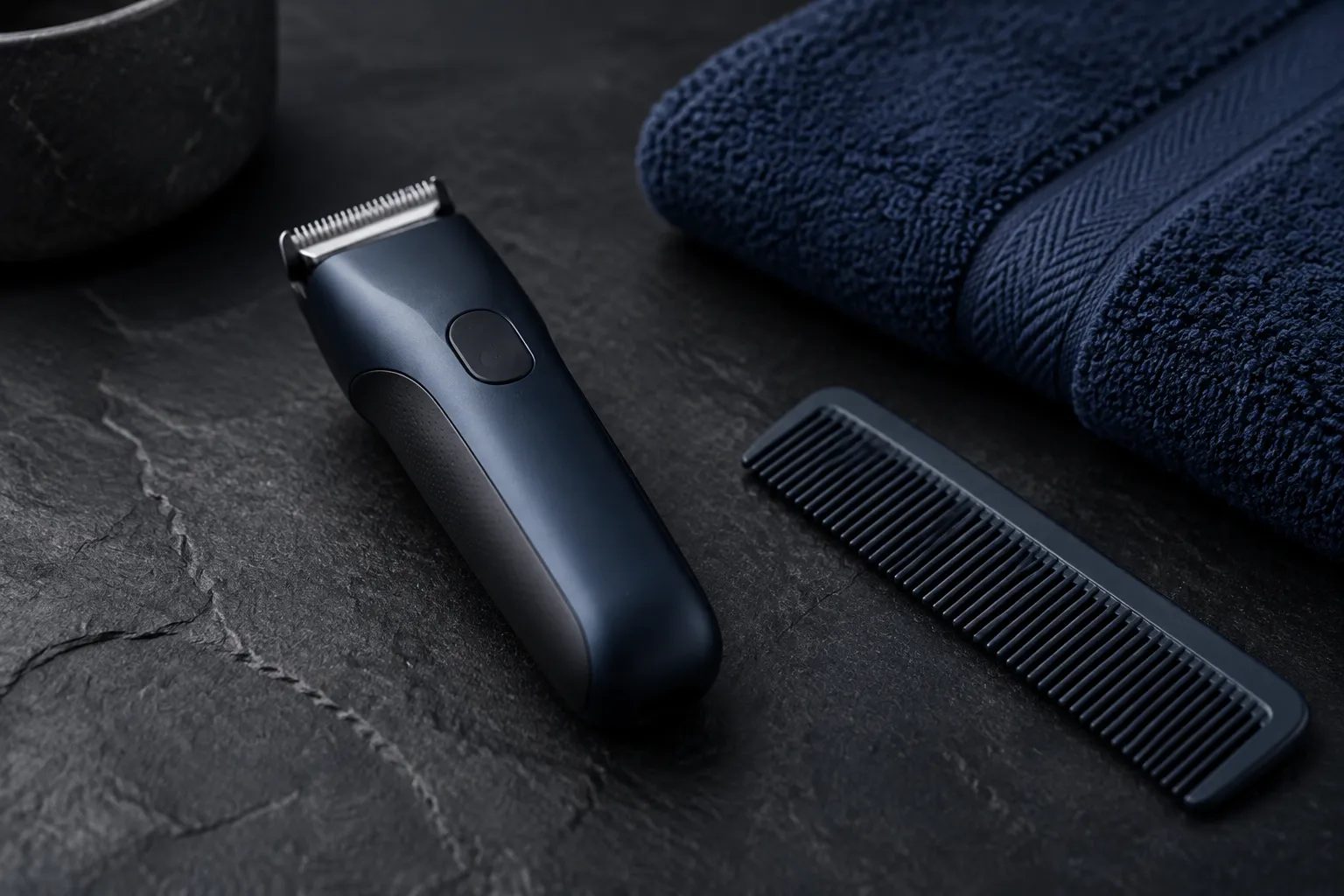 Best Clippers for Kids and Noise-Sensitive Heads 2 Small trimmer beside a folded towel and a comb on dark slate