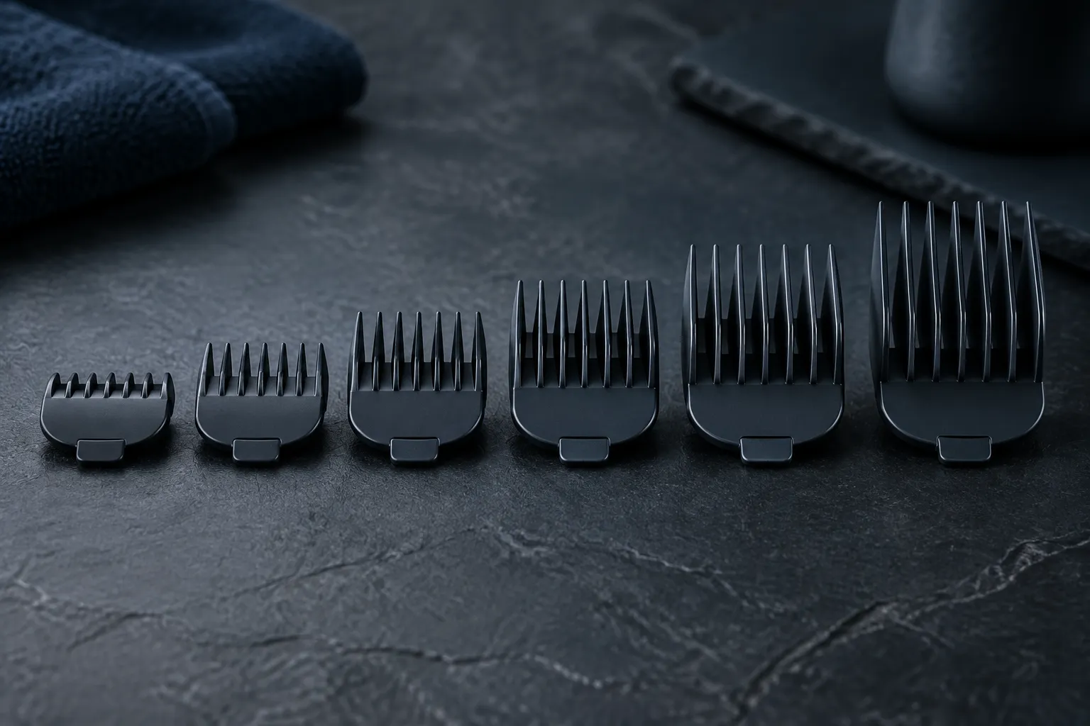 A row of guide combs from smallest to largest on dark slate