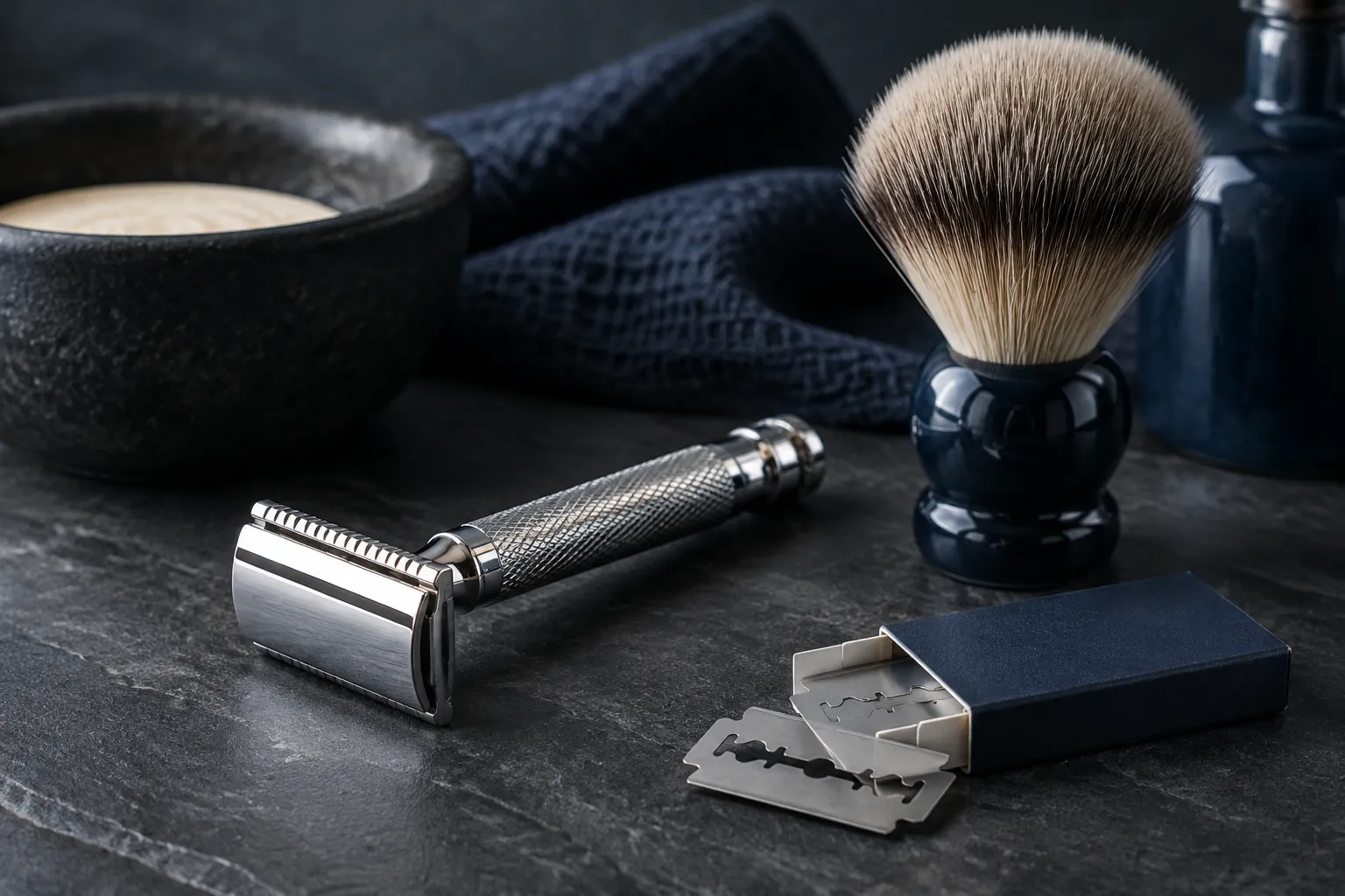 Safety razor with blades and shaving brush on dark slate