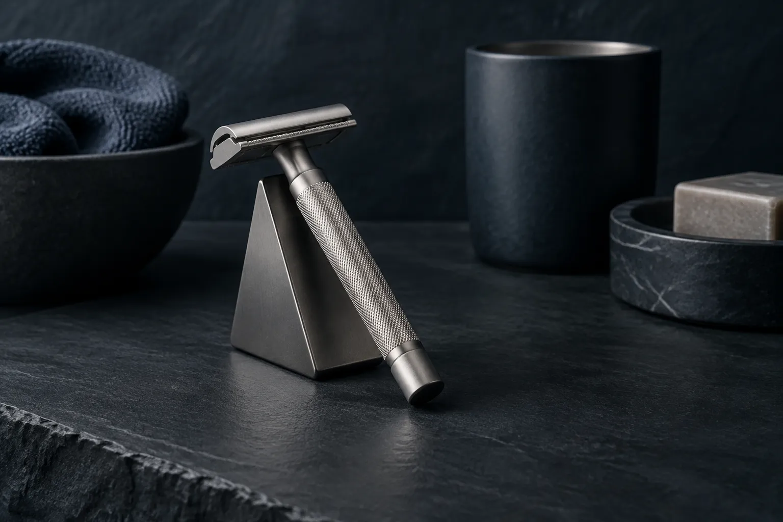 Lightweight safety razor on a small stand on dark slate