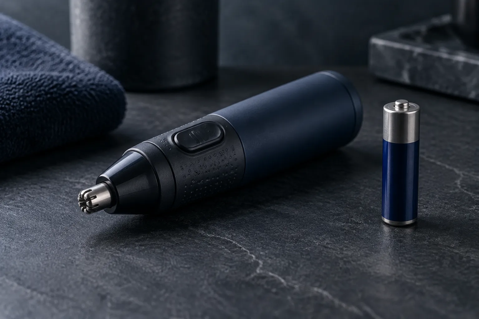 Best Nose and Ear Hair Trimmers for Men (Gift Guide) 2 Small nose trimmer beside an AA battery on dark slate
