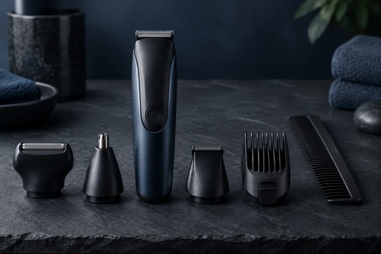 Grooming kit with interchangeable heads arranged in a row on dark slate