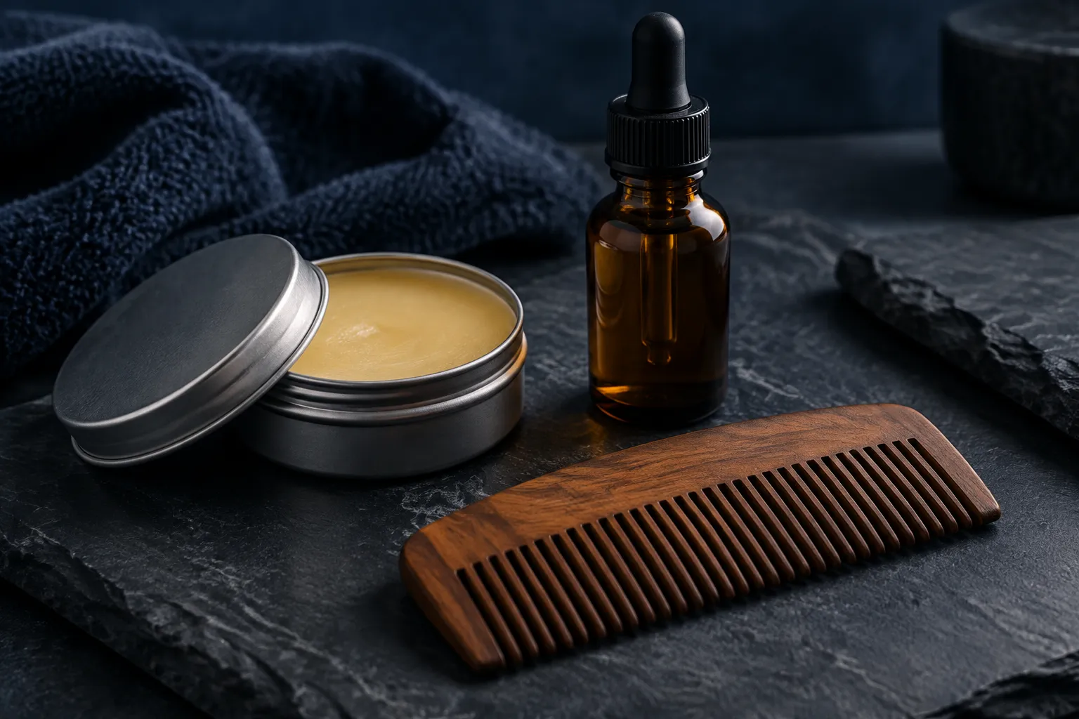 Best Grooming Gifts for Men 2026: Shave, Beard and Body Care 2 Beard balm tin, beard oil bottle and wooden comb on dark slate