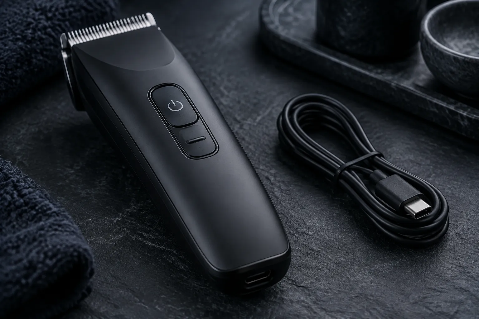 BaBylissPRO x Tomb45 FXT45 Clipper and Trimmer Explained 2 Generic cordless clipper close-up beside a USB-C cable on dark slate