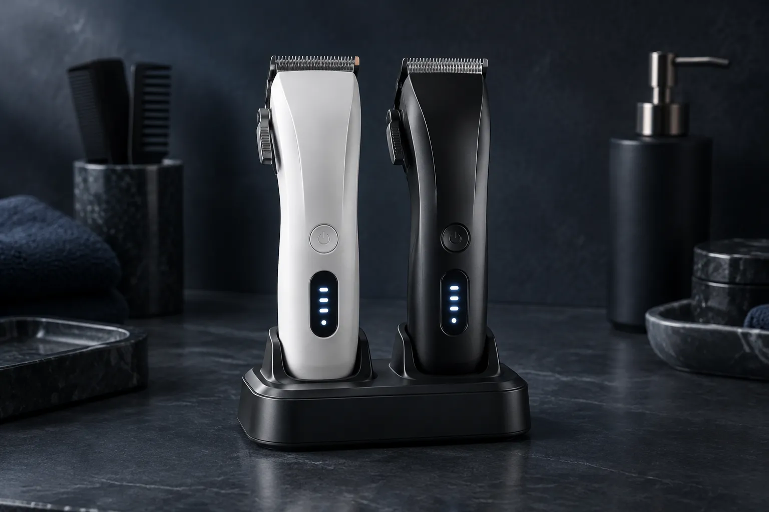 White and black cordless clippers on a charging dock on dark slate