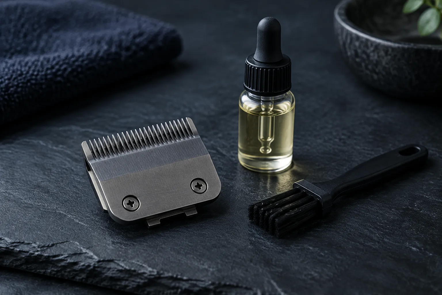 Clipper blade, oil bottle and cleaning brush on dark slate
