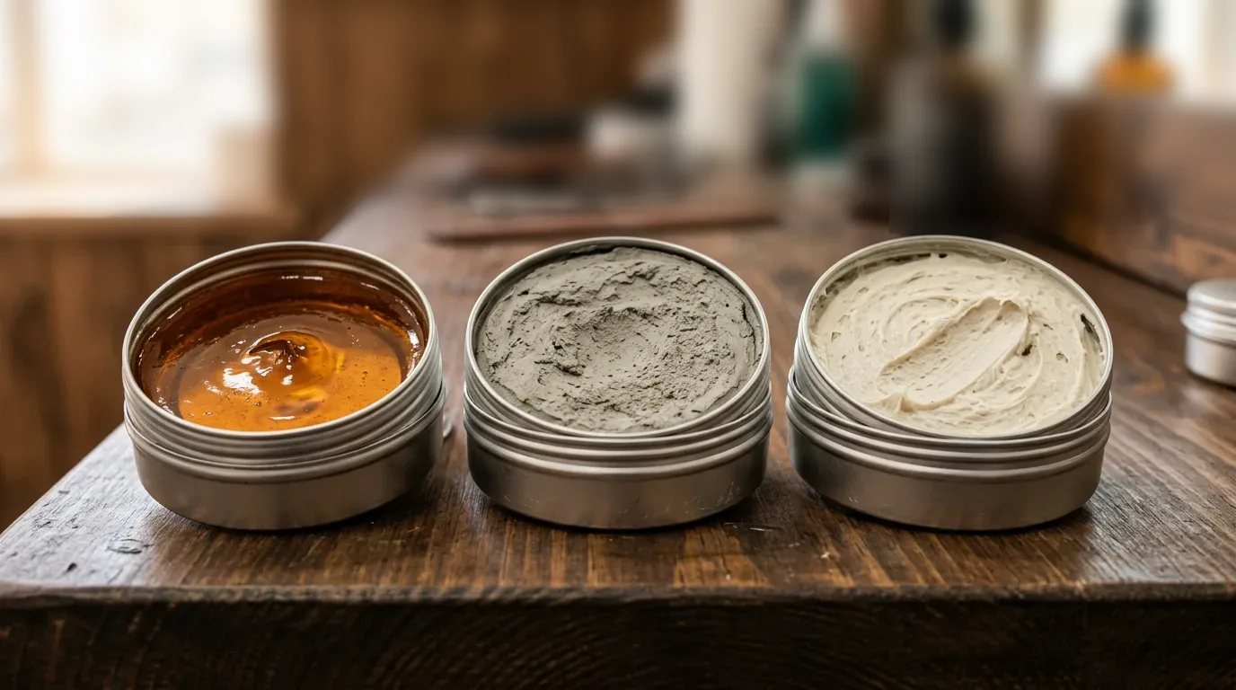 Open tins of glossy pomade, matte clay and cream paste side by side on a wooden barbershop counter
