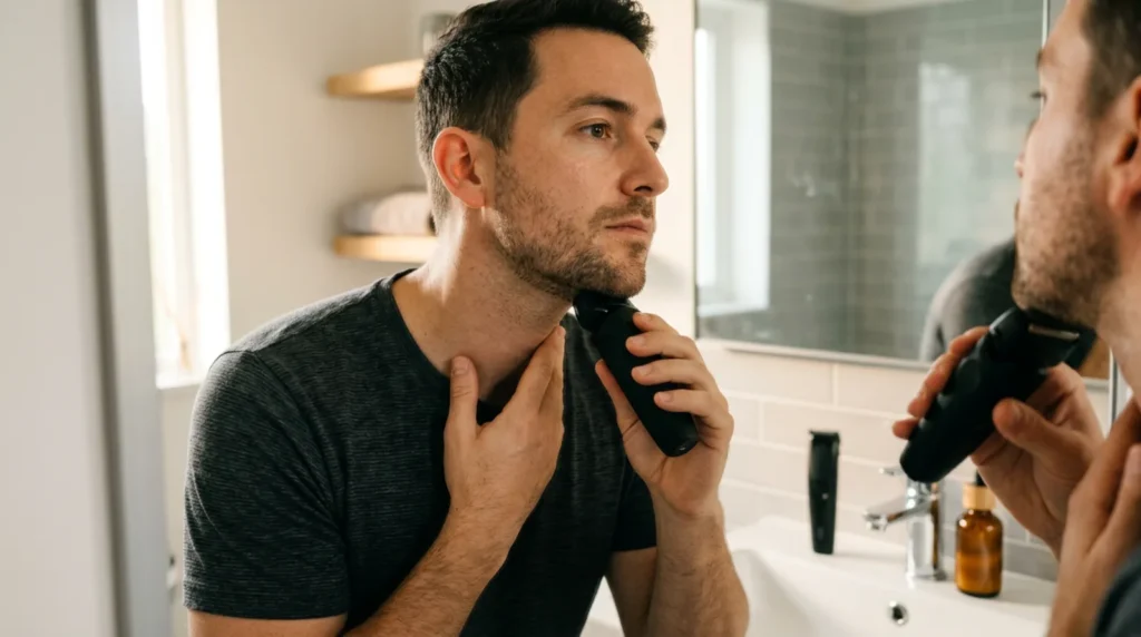 Amazon Holiday Beauty Event Men's Grooming Deals 2026: 12 Barber Picks 2 Man with light stubble shaving his jawline with a cordless foil electric shaver in front of a bathroom mirror