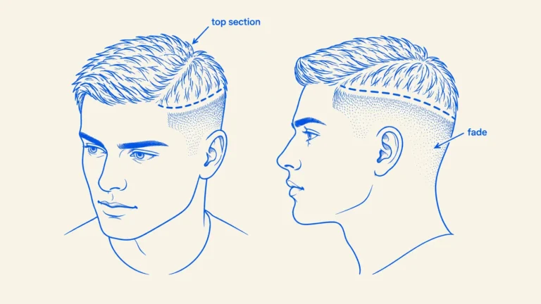 Illustration of an Ivy League haircut from the front and side, marking the longer top section and faded sides