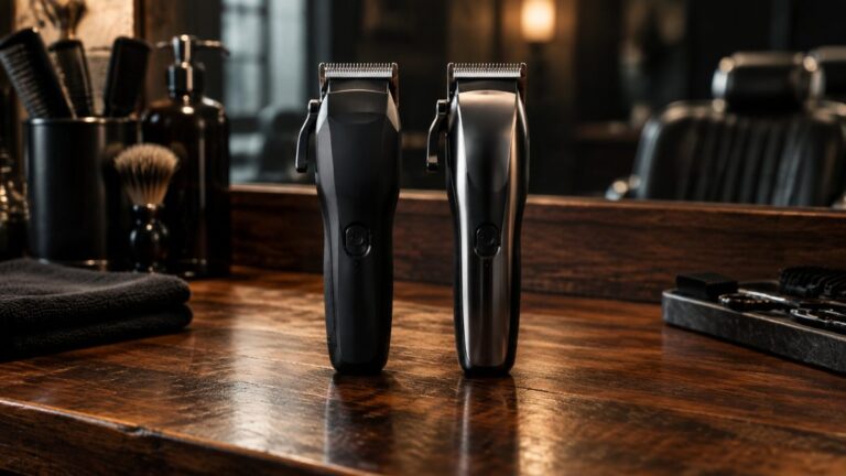 JRL Onyx vs Ghost vs 3000C: Which JRL Clipper to Buy in 2026 9 Two cordless barber clippers standing upright side by side on a wooden counter