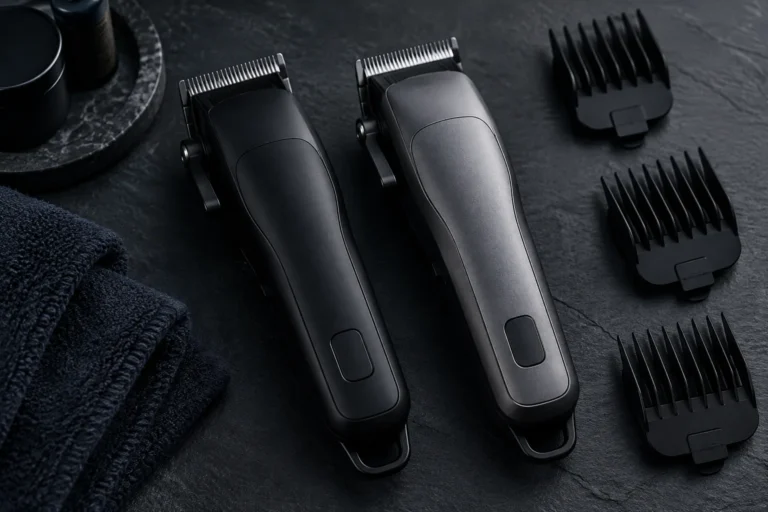 Two near-identical professional hair clippers in black and grey side by side with guide combs