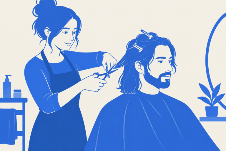 How to Cut Men's Long Hair: Layers and Length, Explained 7 Stylist trimming a man's shoulder-length hair with shears, flat illustration