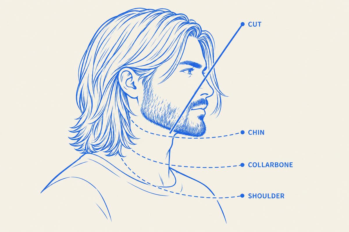 How to Cut Men's Long Hair: Layers and Length, Explained 2 Men's long hair layers diagram showing the face-framing cutting angle and where layers fall at the chin, collarbone and shoulder