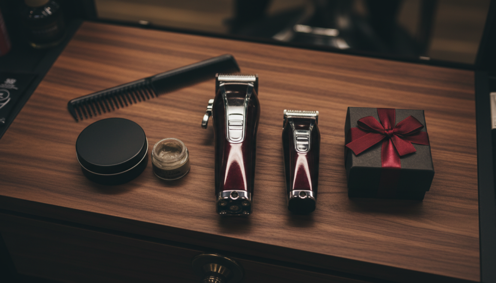 Luxury Grooming Gifts for Men: What Barbers Rate 1 Luxury men's grooming gift flat lay with a cordless clipper, trimmer, pomade tin, hair clay, black carbon comb and a wrapped gift box on a walnut barber station