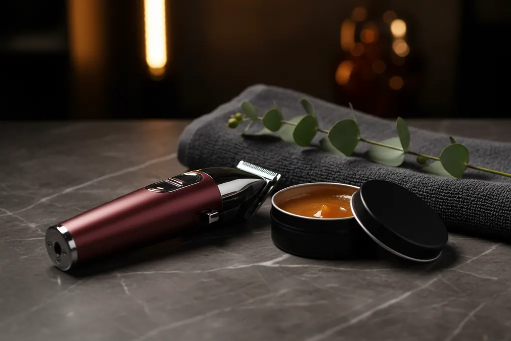 Luxury Grooming Gifts for Men: What Barbers Rate 2 A burgundy cordless detailer trimmer and an open pomade tin styled on dark marble with a towel and eucalyptus