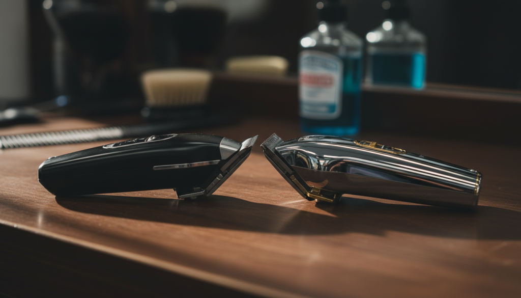 Two professional cordless clippers face to face on a barbershop station