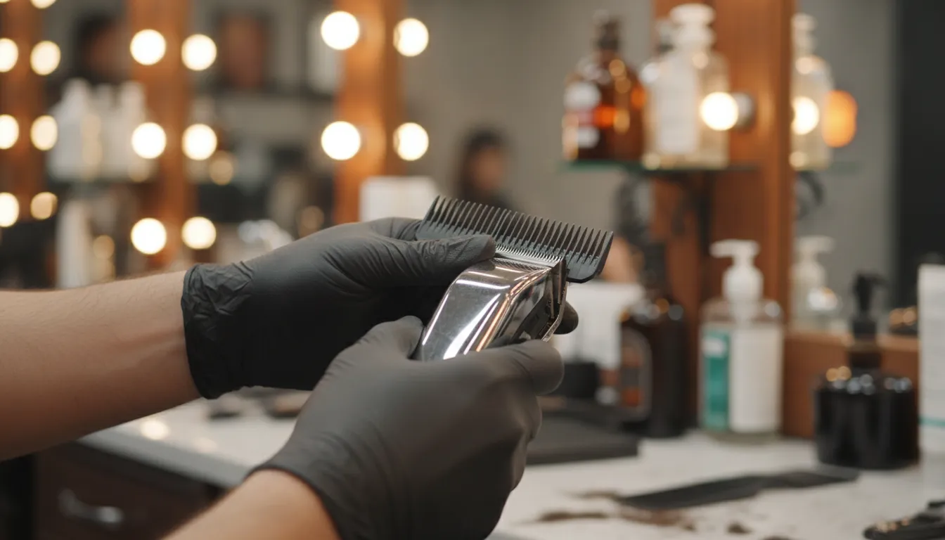 Barber attaching a magnetic guard comb to a professional clipper