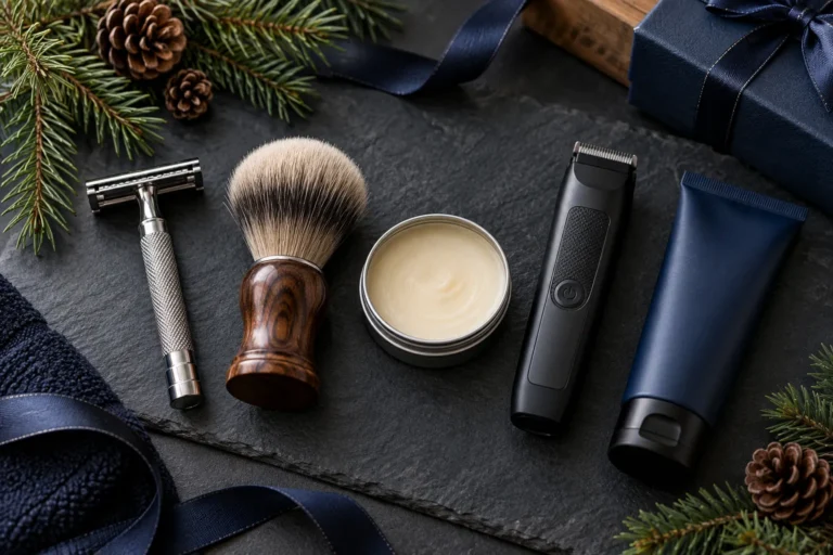 Best Grooming Gifts for Men 2026: Shave, Beard and Body Care 8 Men's grooming gift flat lay with safety razor, shaving brush, beard balm, trimmer and shaving cream