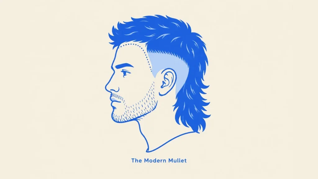 Modern Mullet: How Barbers Cut the Natural Version 1 Flat diagram of a modern mullet in profile: short faded sides, textured top, and a long flowing back, captioned The Modern Mullet
