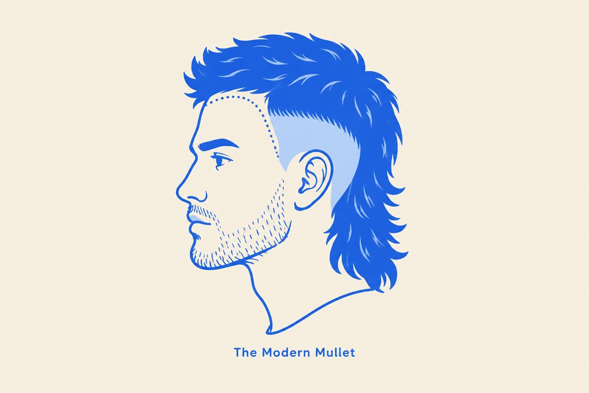 Modern mullet haircut diagram for a receding hairline