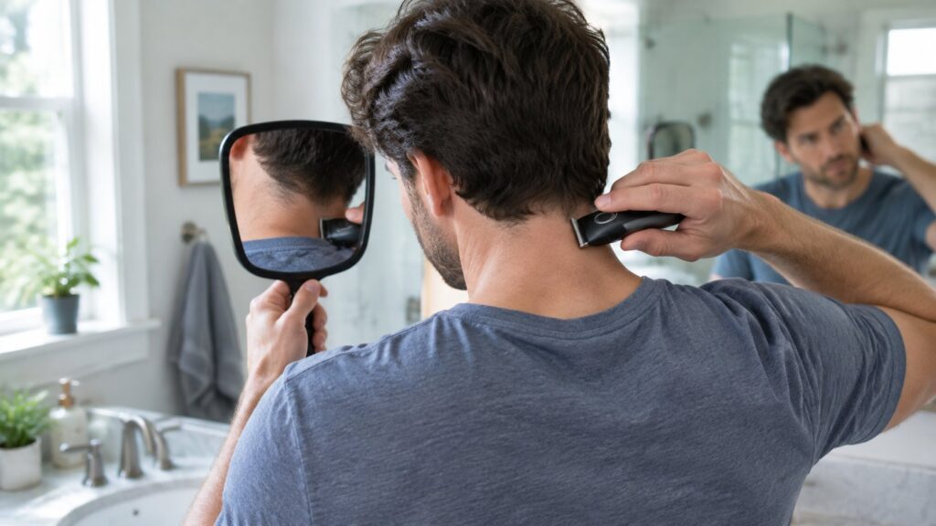 How to Clean Up Your Neckline Between Haircuts at Home 1 Man trimming the back of his own neckline with a cordless trimmer while checking a handheld mirror