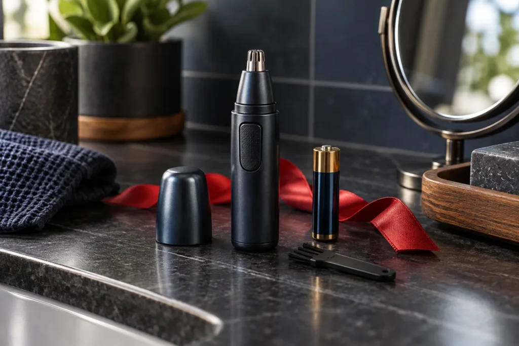 Compact nose and ear hair trimmer with cap, brush and AA battery on a dark counter