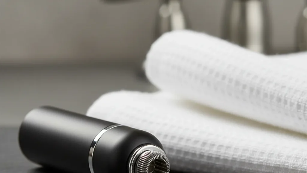 Nose and Ear Hair Trimmers: How to Choose and Use One 1 A compact rotary nose and ear hair trimmer lying on a slate bathroom counter beside a folded white towel