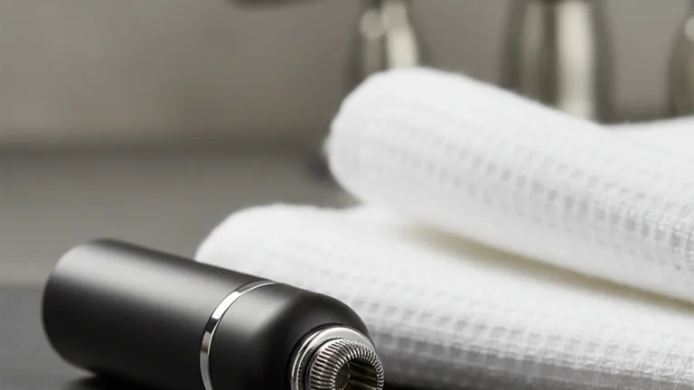 A compact rotary nose and ear hair trimmer lying on a slate bathroom counter beside a folded white towel