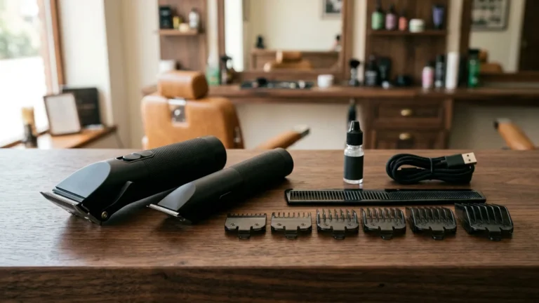 Matte black cordless hair clipper and T-blade trimmer with six attachment guards, comb, clipper oil and USB cable on a wooden barber station