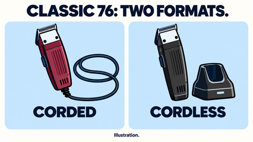 Illustration of two detachable-blade clippers, one with a cord and one beside a charging stand, labelled Corded and Cordless.