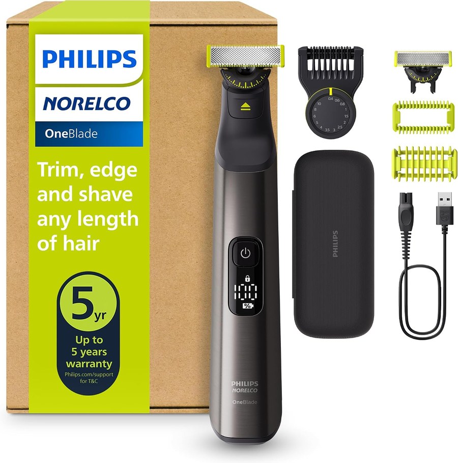Philips Norelco OneBlade Pro 360 face and body trimmer on a workbench