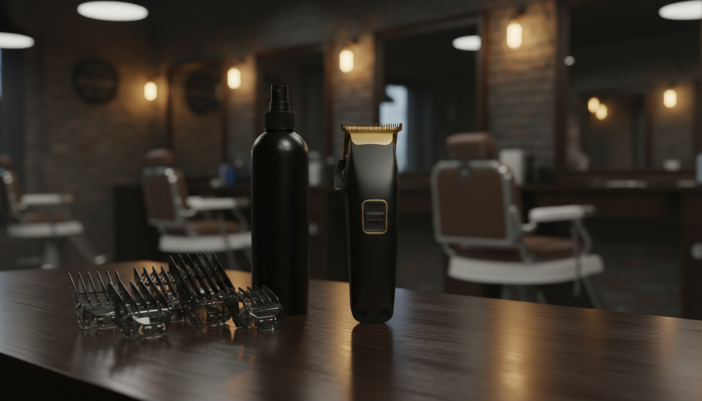Andis GTX-EXO Review: Should You Buy the Original EXO Today, or Wait for the EXO II? 1 photorealistic editorial photo for a barbershop blog header a professional black