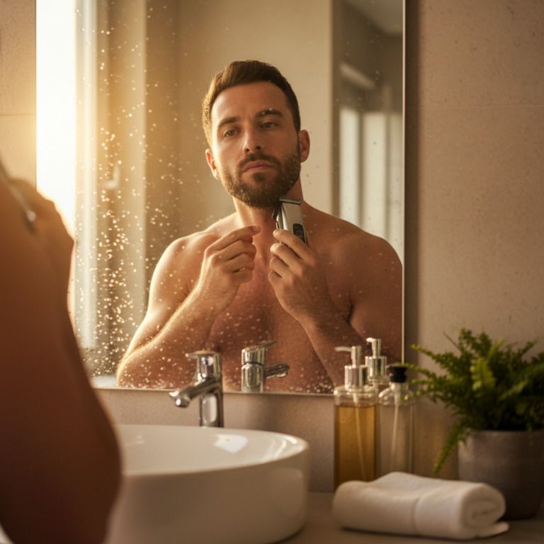 photorealistic editorial photo for a men s grooming blog header a man in a warm