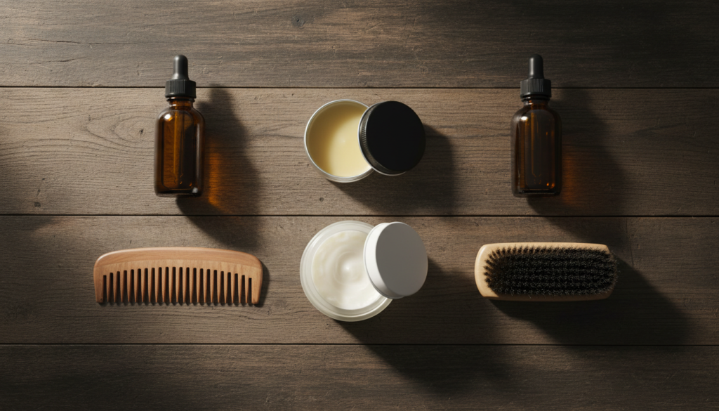 Beard Oil vs Beard Balm vs Beard Butter: What Each One Does and Which Your Beard Actually Needs 1 photorealistic flat lay on a dark wooden table two amber glass dropper bottles o