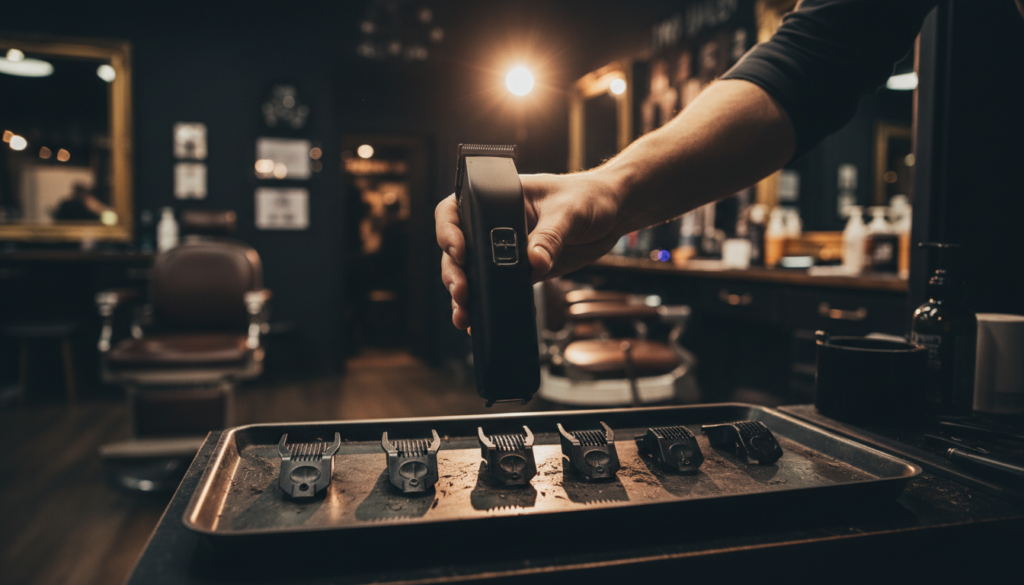 Wahl Peanut Review: The Palm-Size Clipper That Earns Its Spot on Professional Stations 1 photorealistic photo for a barbershop blog header a barber s hand holding a smal